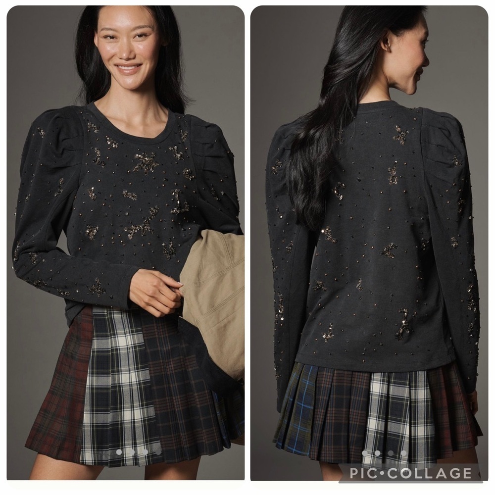 NWT new XSP XS petite Anthropologie pilcro puff sleeve embellished beaded top